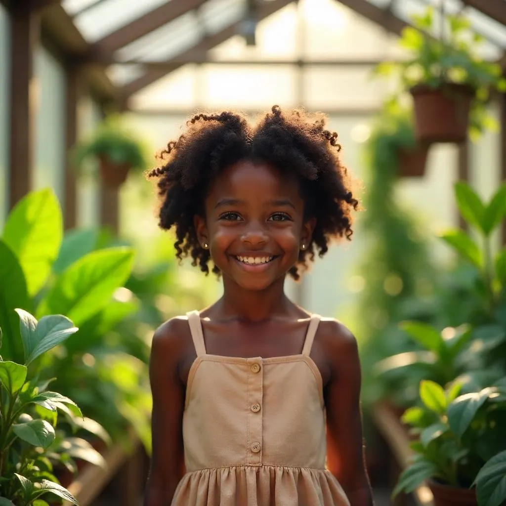Sunlit Greenhouse Portrait of a Cheerful Black Girl