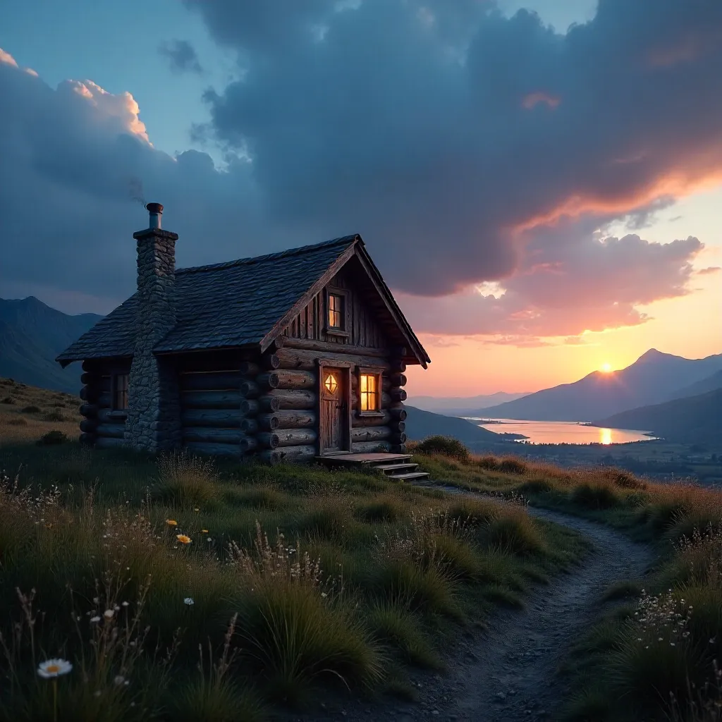 Twilight on the Open Grassland: Rustic Cabin