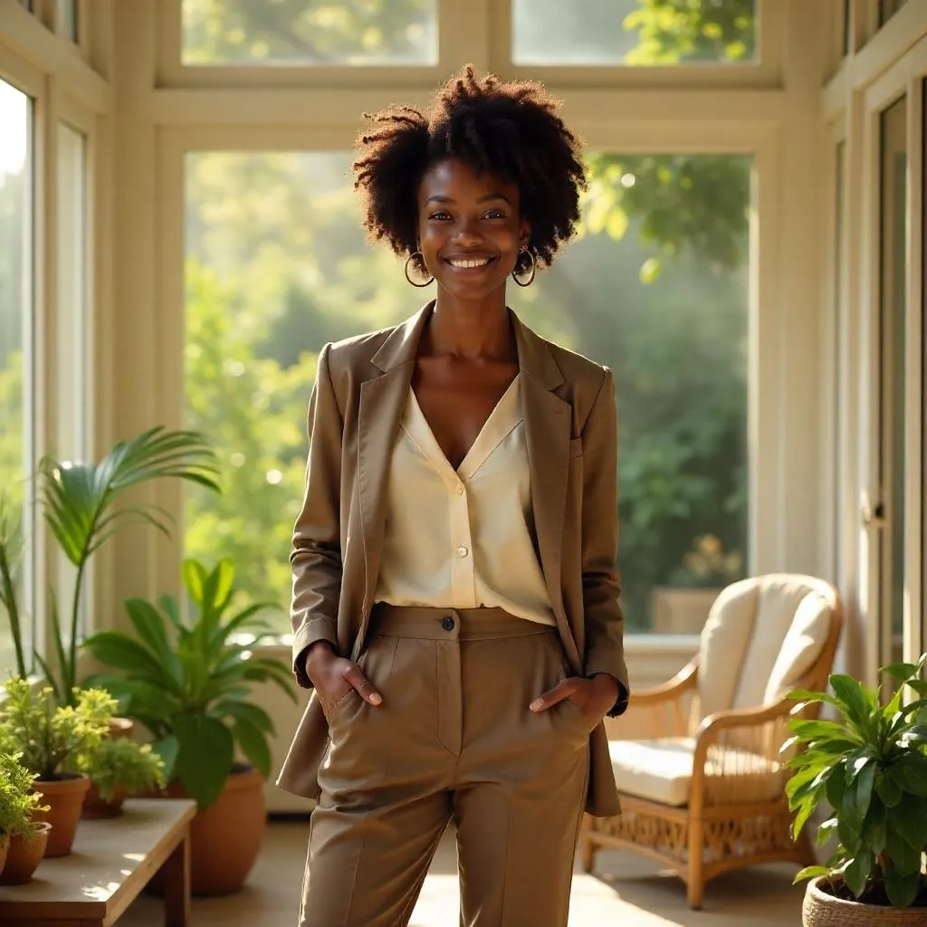 Confident Black Woman in a Sunlit Sunroom