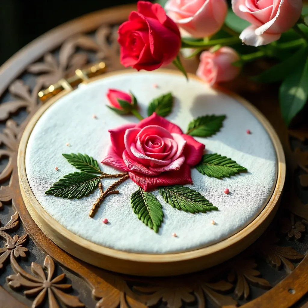 Close-Up: Rose Embroidery on a Carved Wooden Table