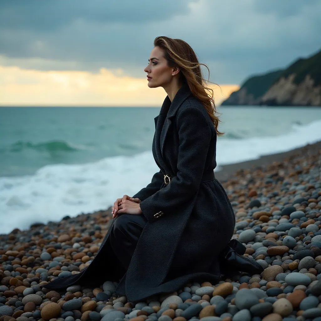 Pebble Beach Elegance: Woman in Coat Kneeling
