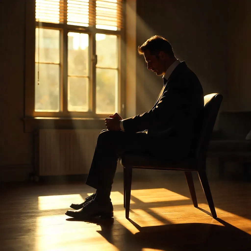 Man in Black in a Sunlit Room with Long Shadows