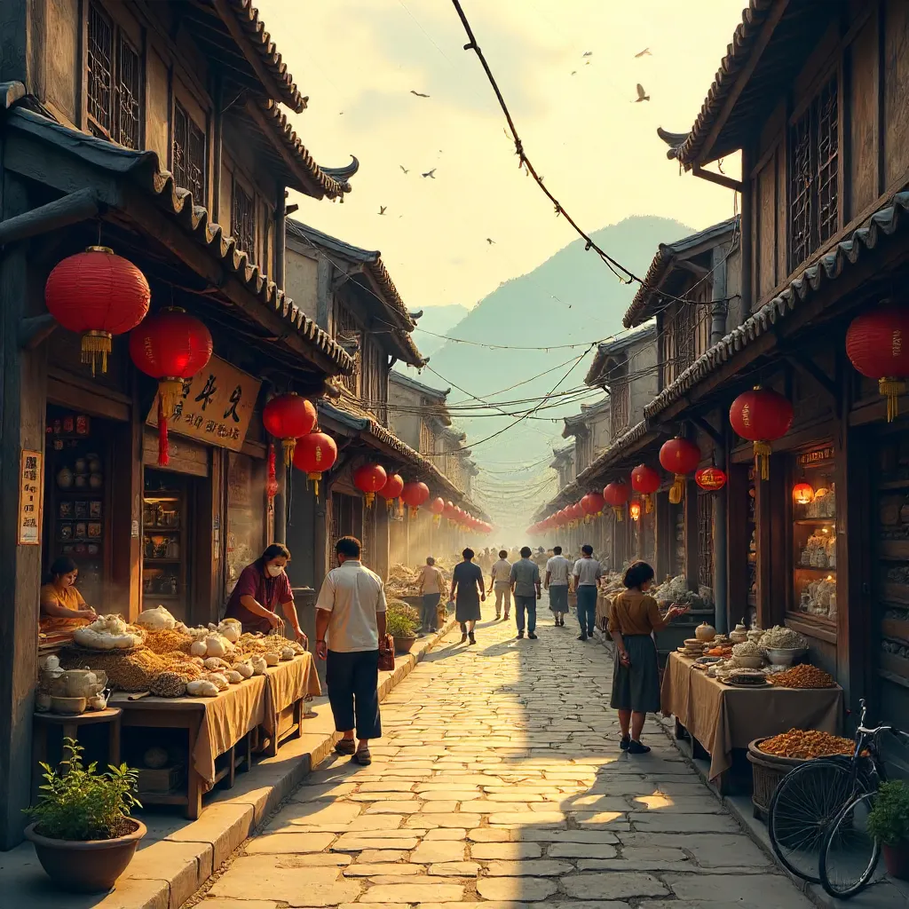 Golden Hour in a Traditional Wooden Chinese Market Street