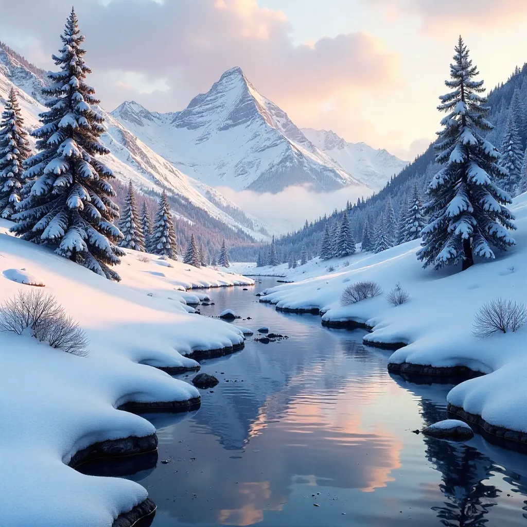 Serene Winter Snowfield with a Flowing Stream