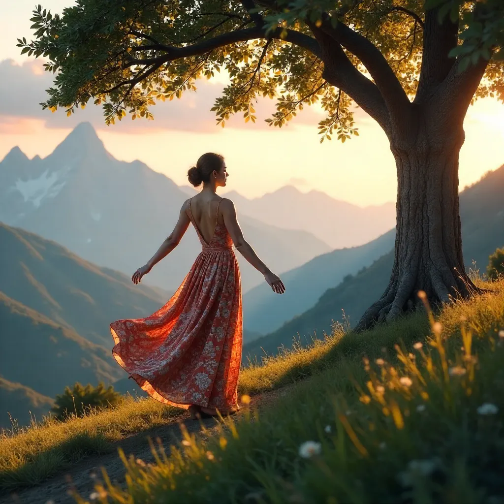 Arms Outstretched Under a Tree, Overlooking Mountains