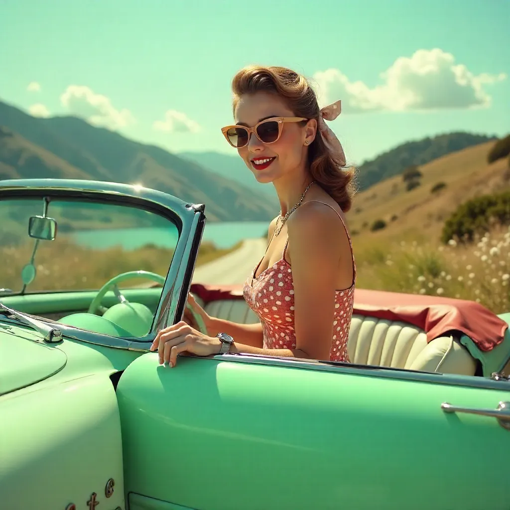 Retro Queen in a Mint Green Vintage Convertible