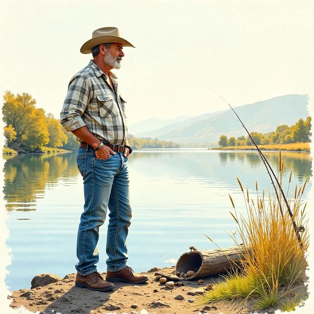 Confident White Man Fishing in Watercolor