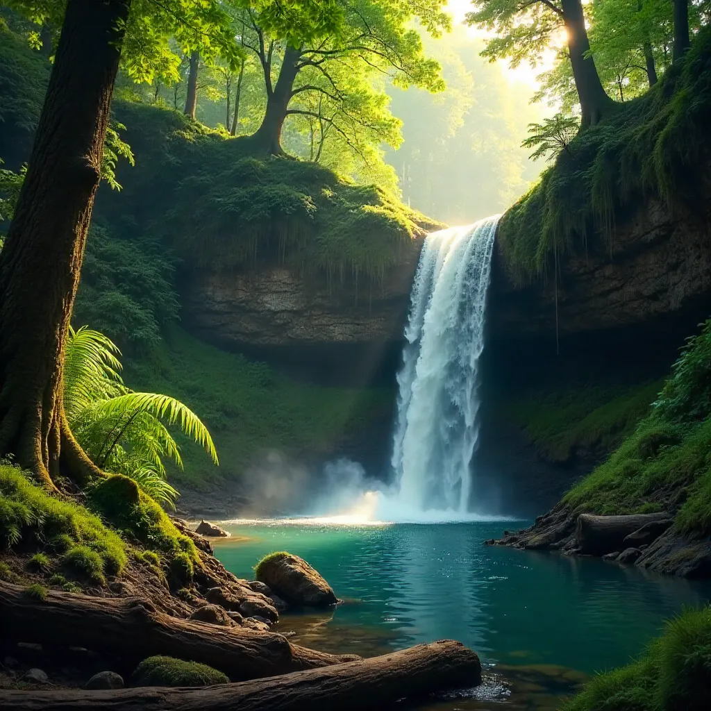 Hidden waterfall in a lush forest bathed in natural light