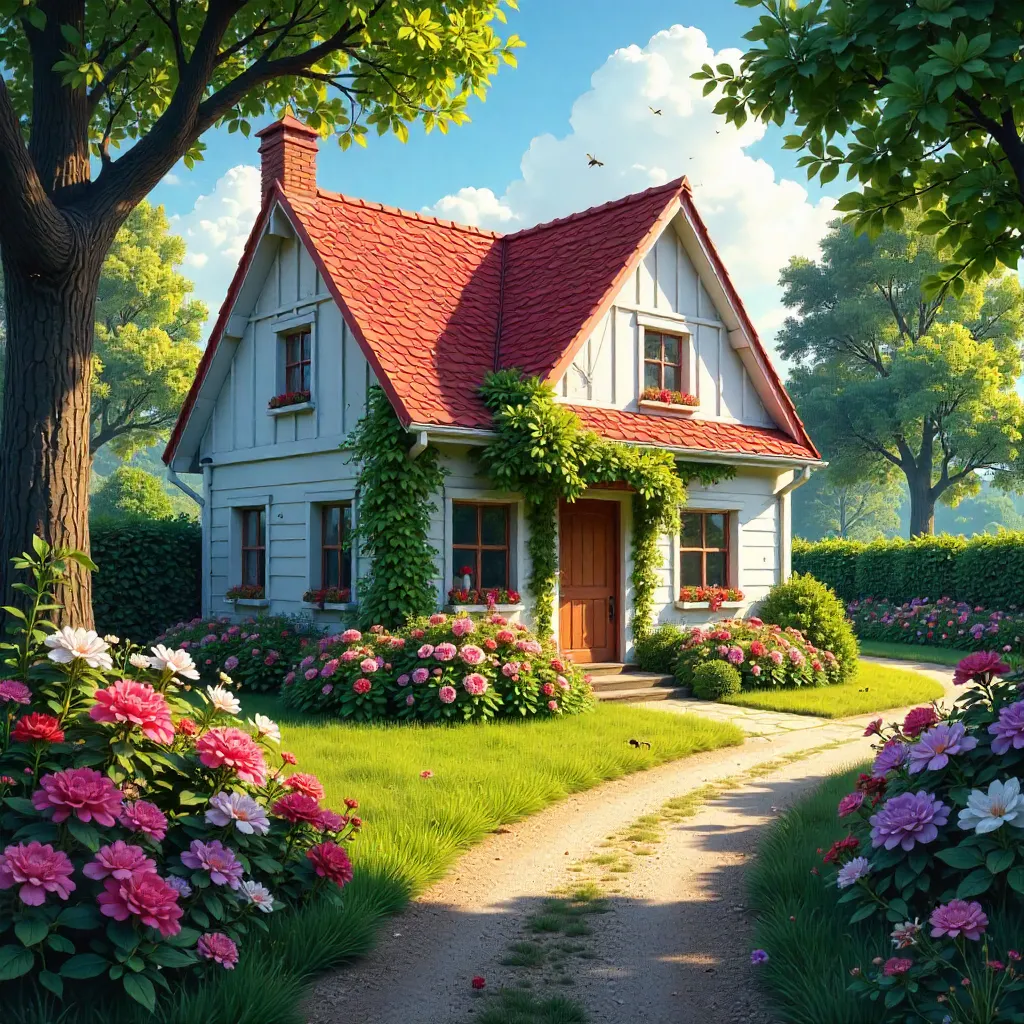 Sunlit White Cottage in Blooming Garden