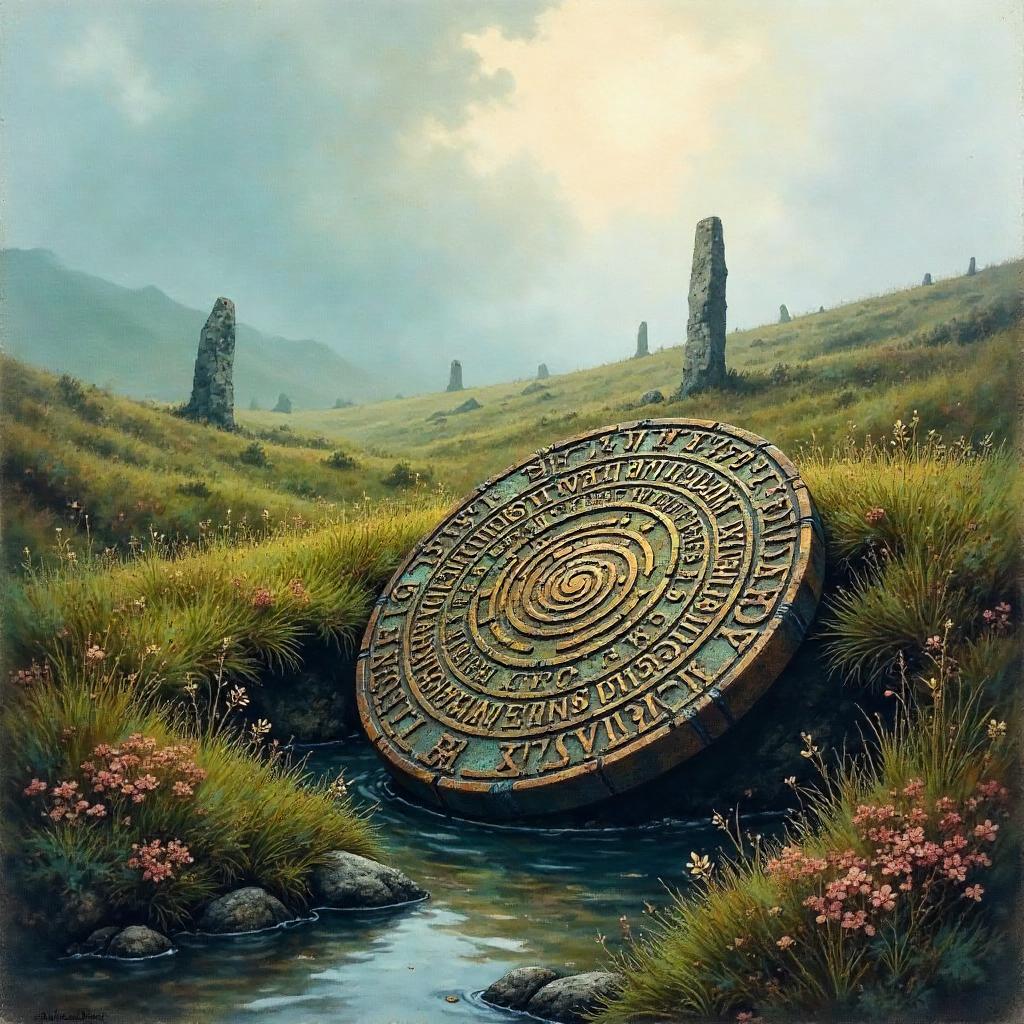 Ancient Artifact in Foggy Moorland Watercolor