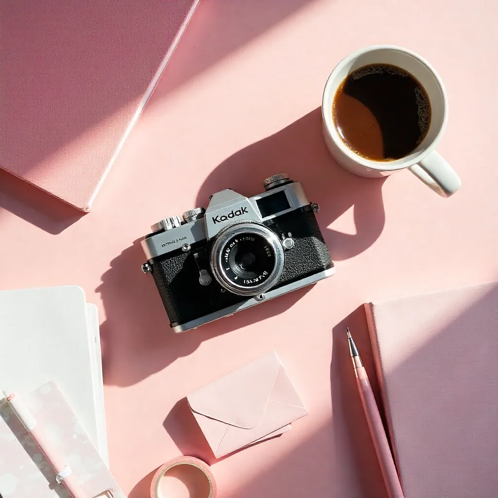 Pink Flat Lay: Vintage Kodak Camera on a Pink Desk