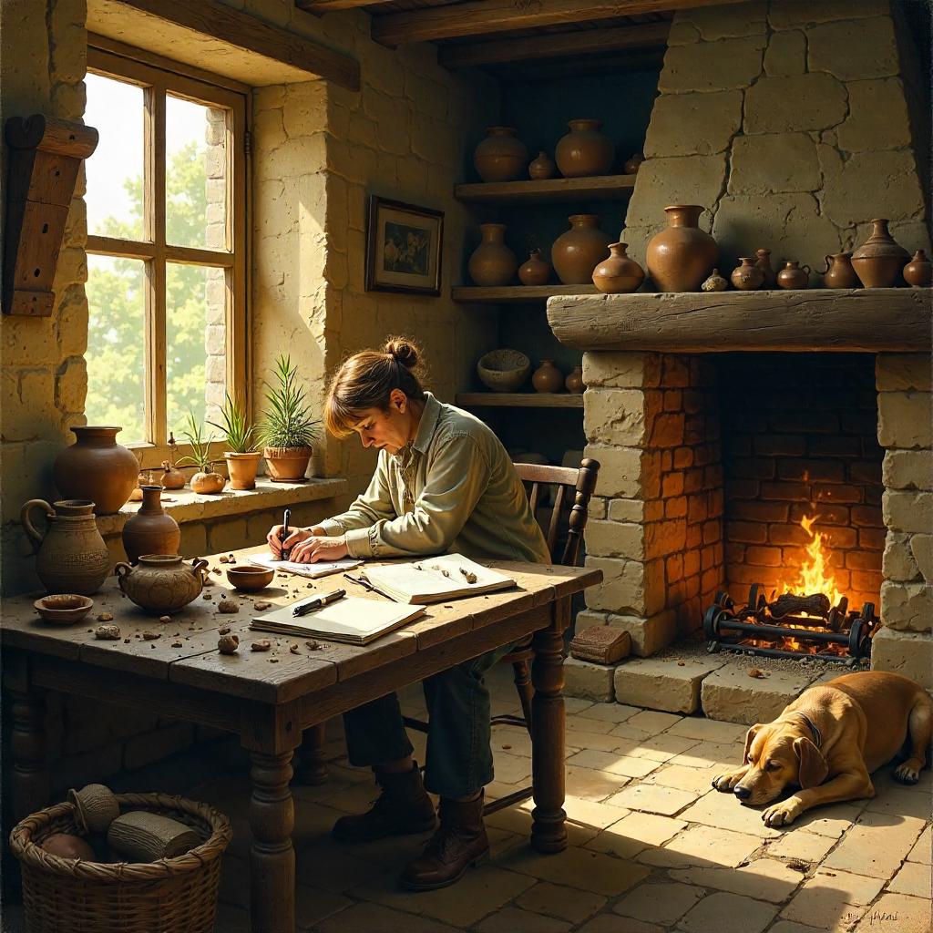 Archaeologist in a Cozy Cottage - Oil Painting