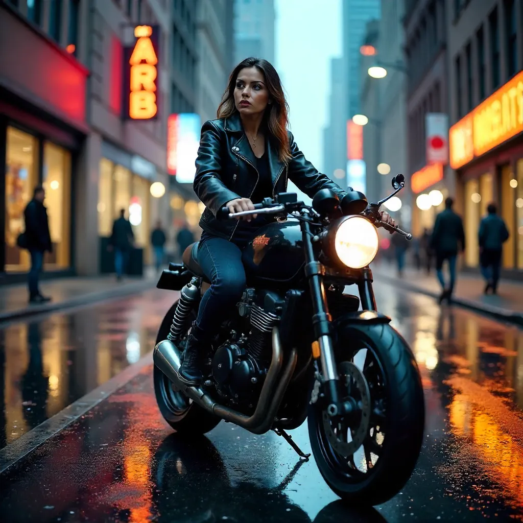 Confident Rider: Woman on a Neon City Motorcycle