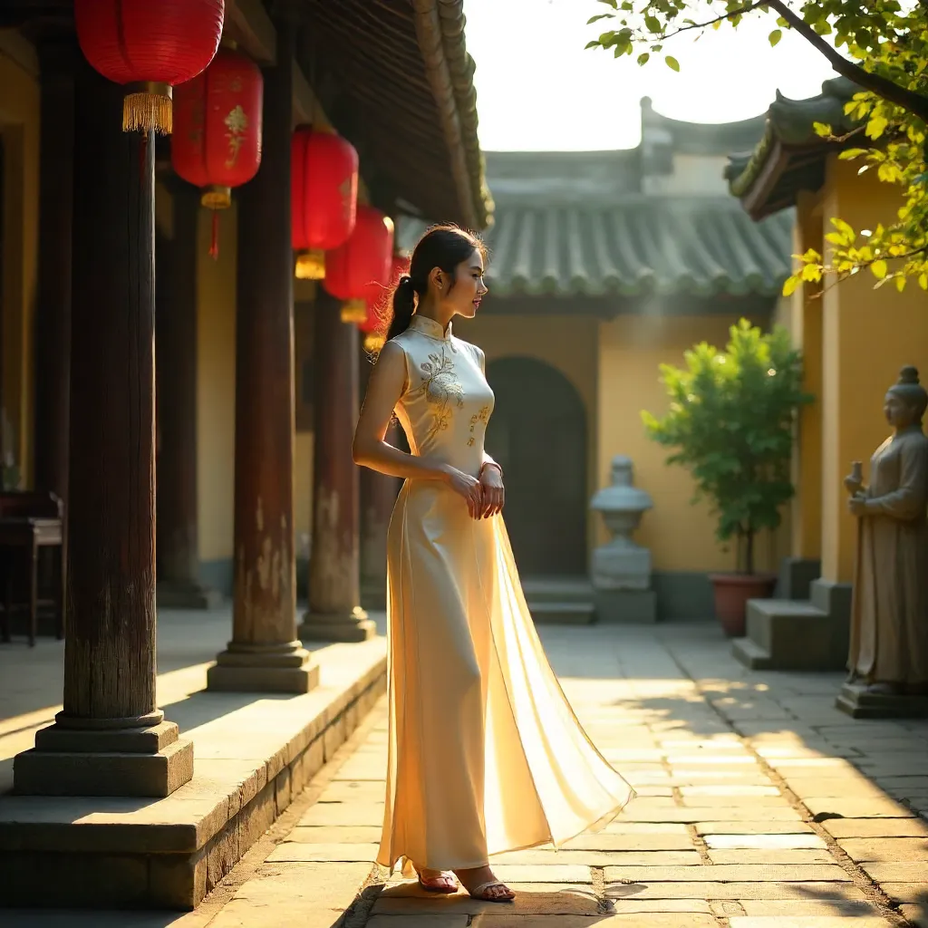 Ao Dai Woman at Ancient Temple in Hội An