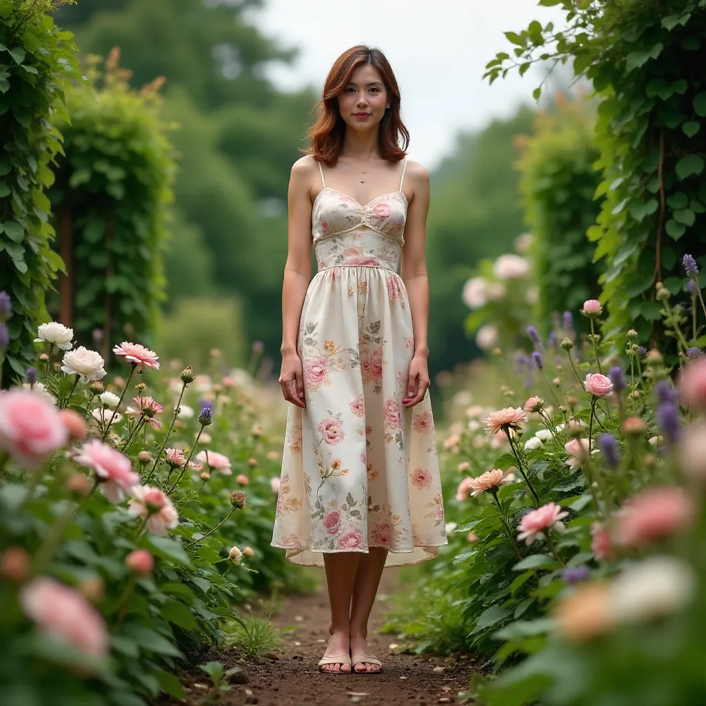 Woman in a Cloudy Garden Among Blooming Flowers