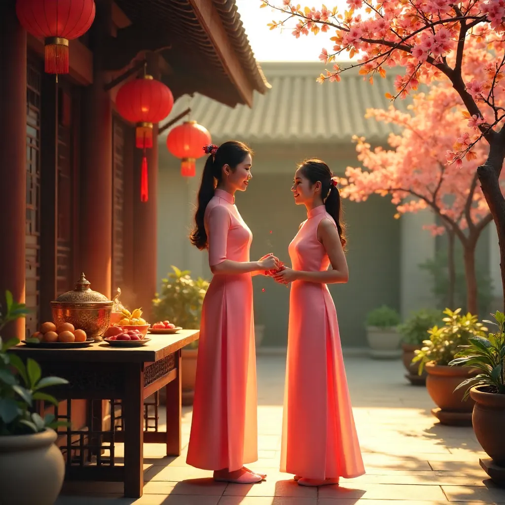 Tet Celebration in a Pink Ao Dai in a Vietnamese Courtyard