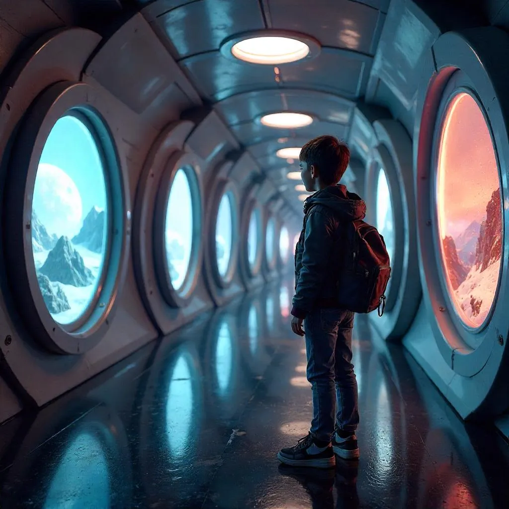 Photorealistic Child Exploring a Neon Portal Chamber