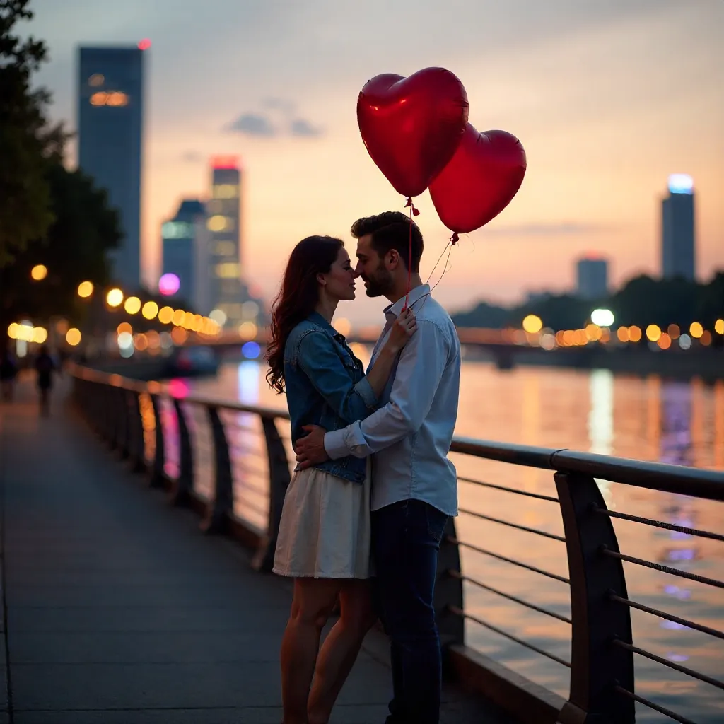 Embrace by the River: Heart Balloons in the City