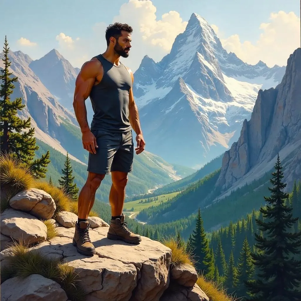 Athletic Latino Man in Alpine Mountain Oil Painting