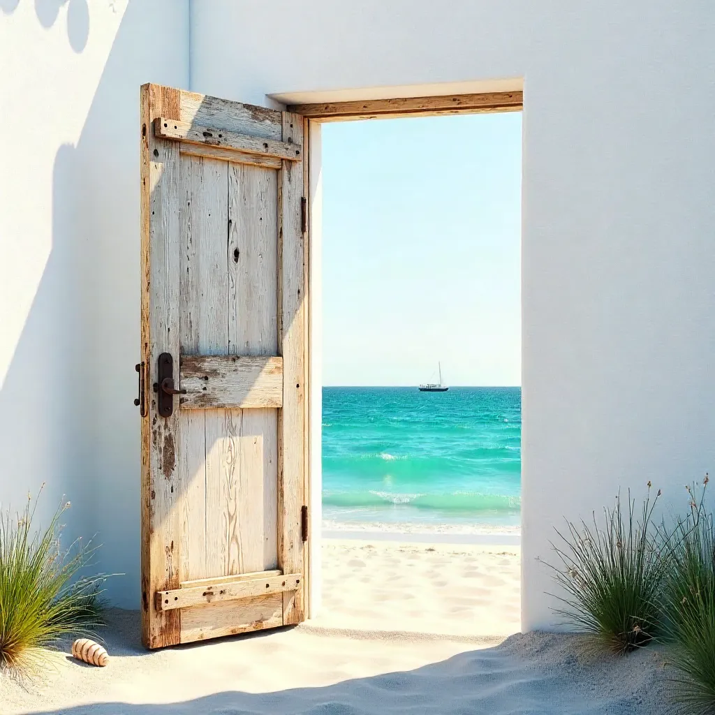 Serene Coastal Wall: White Door and Turquoise Sea