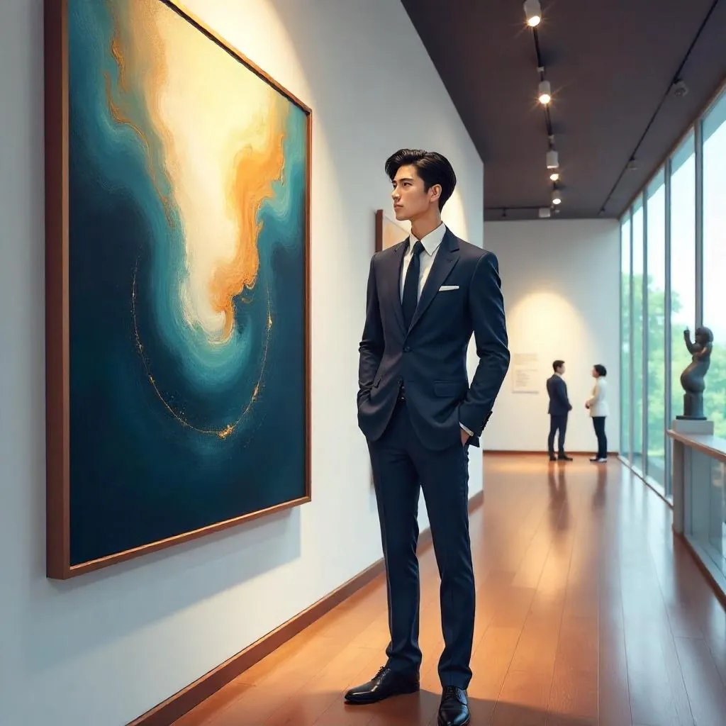 Elegant Asian Man in an Anime Art Gallery