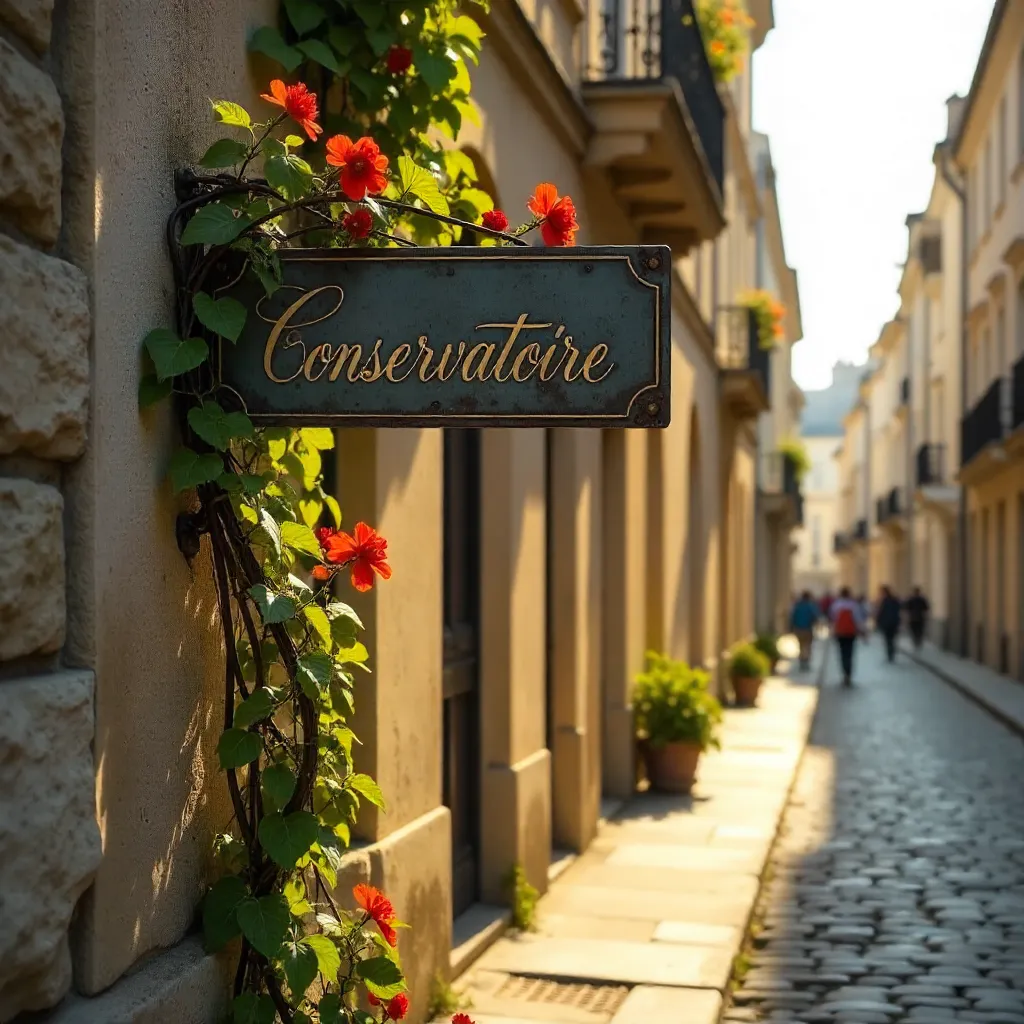 Twisting Vine by Conservatoire Sign on Cobblestones