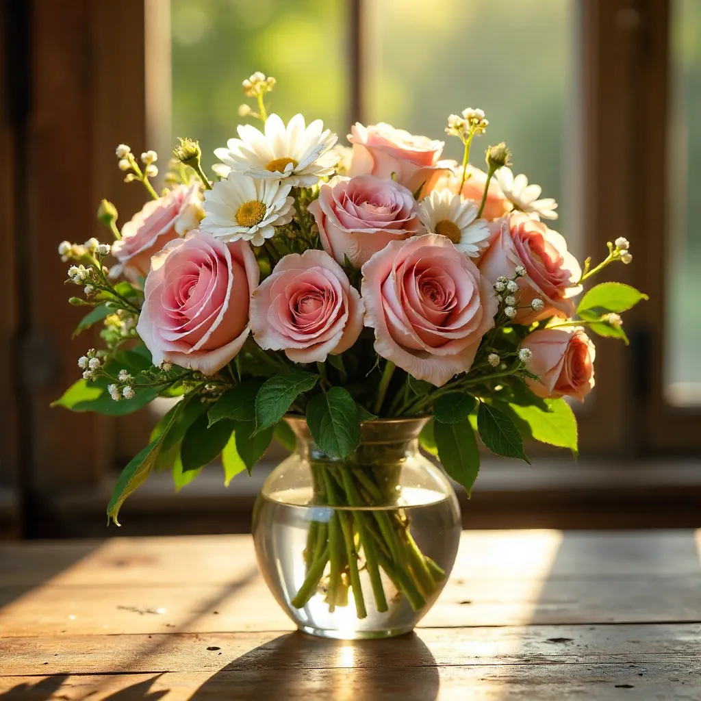 Elegant Roses and Daisies in Golden Hour Sunlight