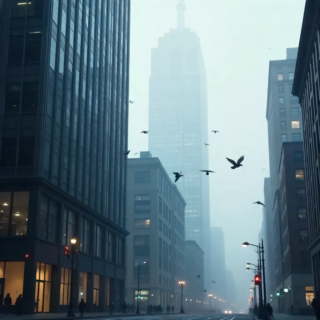 Urban Serenity: Pigeons Near a Foggy Skyscraper