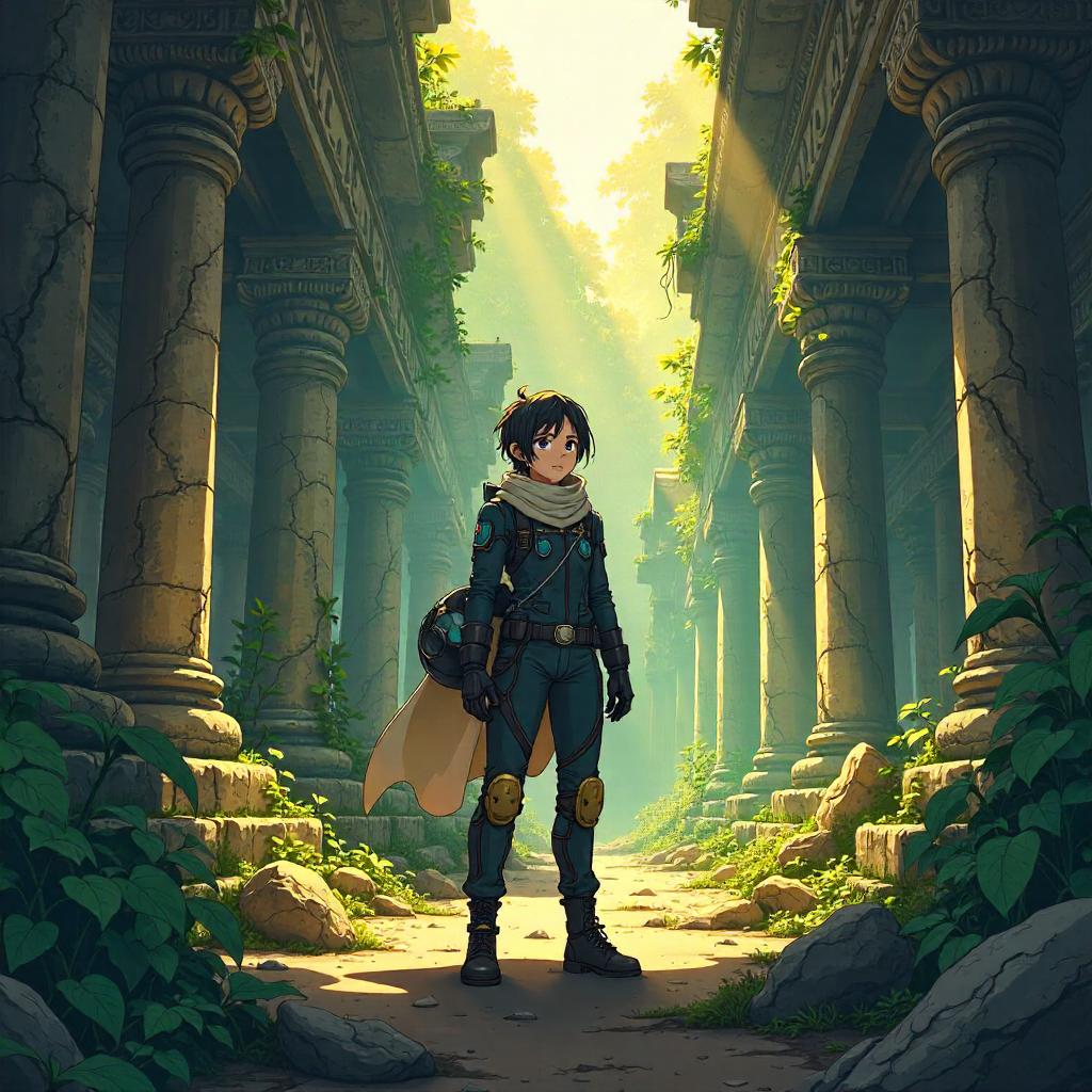 Anime Pilot Amid Ancient Temple Ruins
