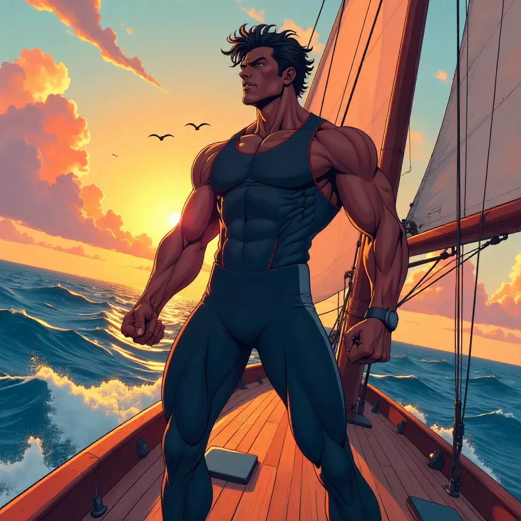 Dynamic Athletic Black Man on a Sailboat in Anime Style