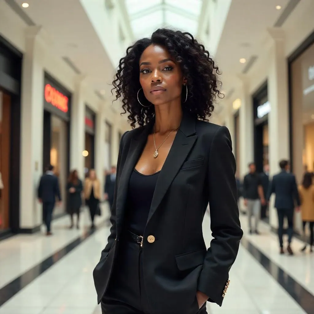 Elegant Black Woman in a Modern Shopping Mall