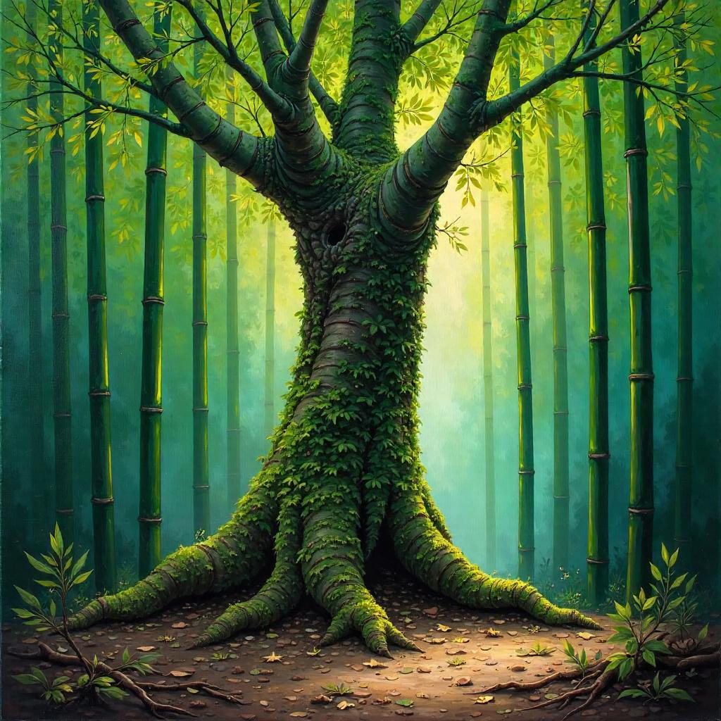 Ancient Tree in a Bamboo Grove - Oil Painting