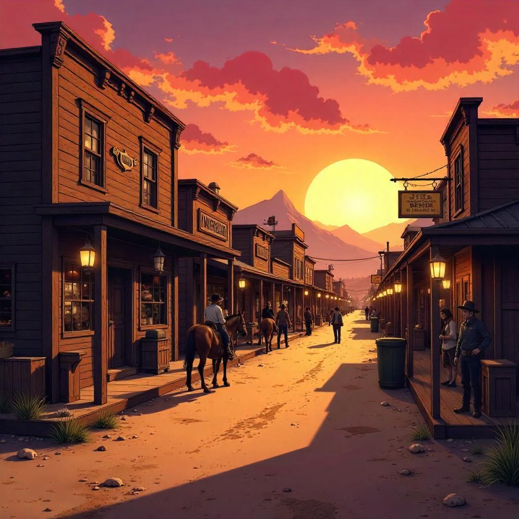 Wind-Blown Anime Western Village at Sunset