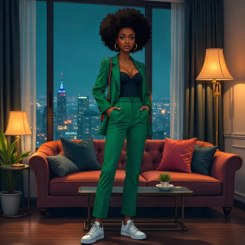 Stylish Anime Black Girl in a Modern Hotel Room