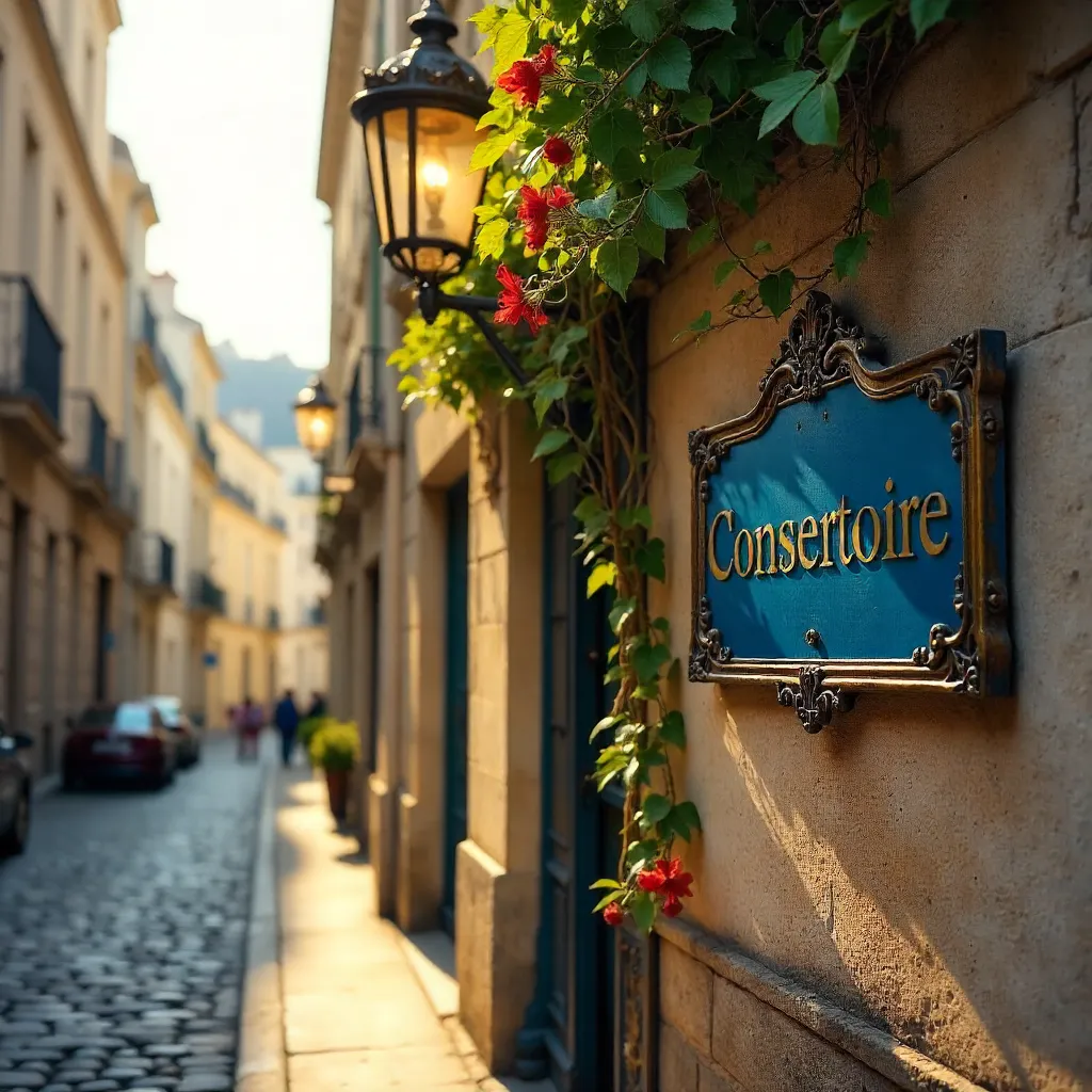 Twisting Vine by a Conservatoire Sign on Cobblestones