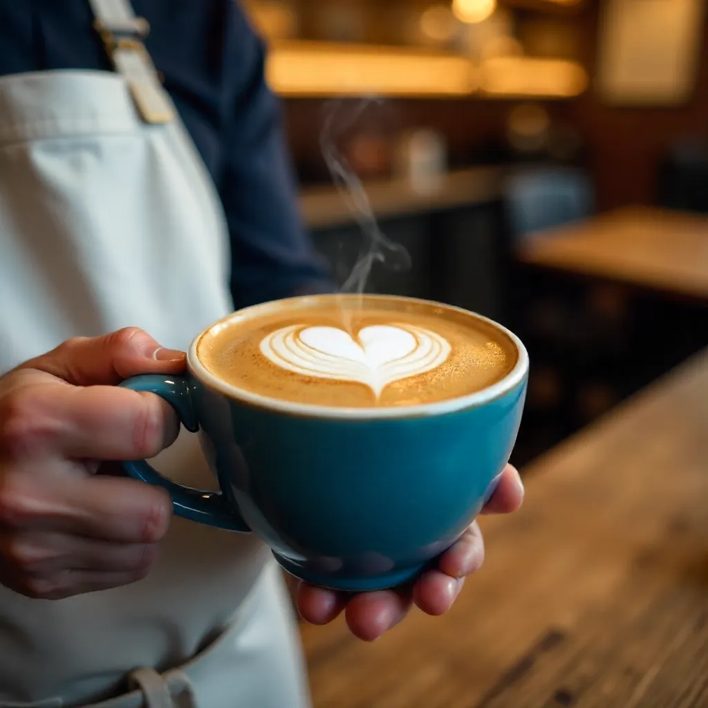 Heart Latte in a Blue Ceramic Cup