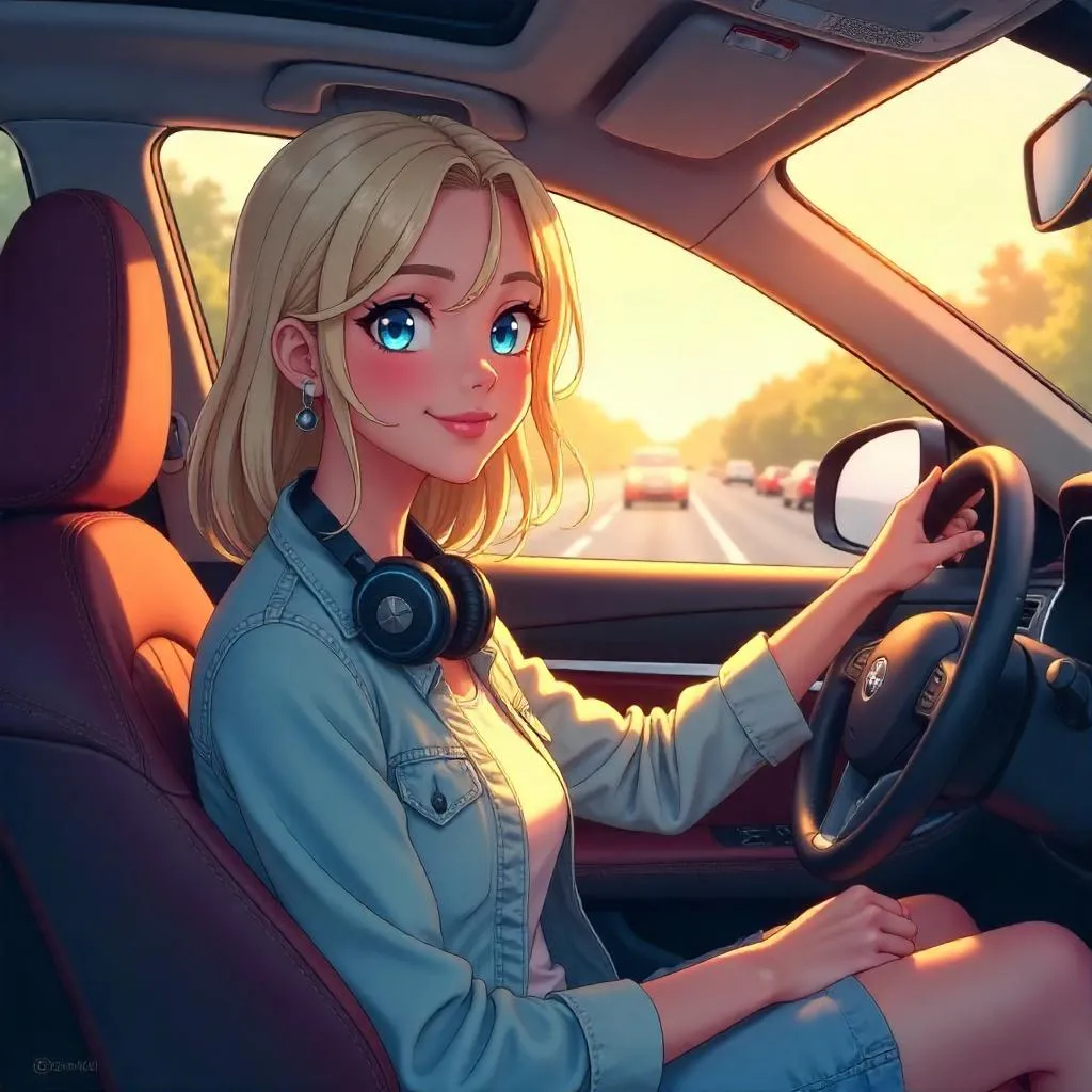 Golden Hour Drive: Anime Woman in Car