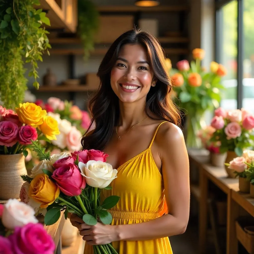 Cheerful Latina in a Blooming Flower Shop