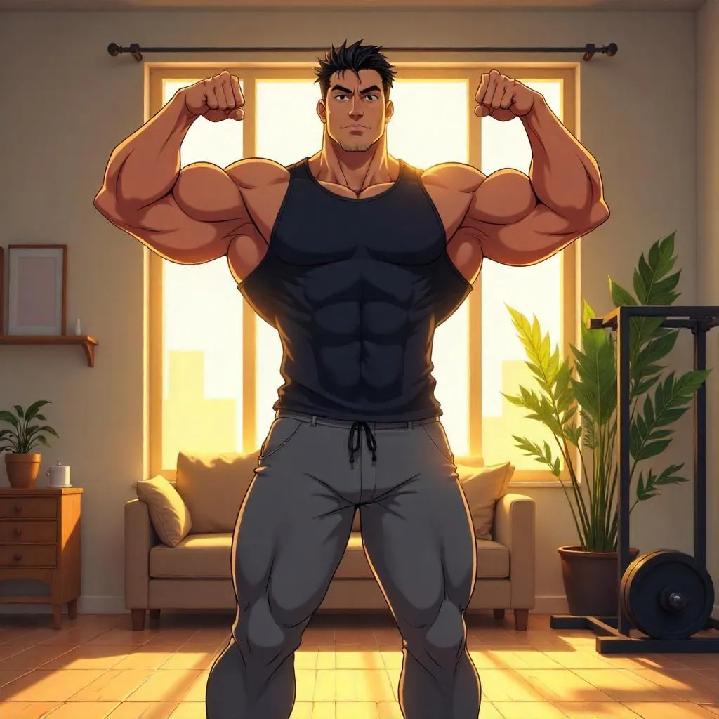 Strong Asian Man in an Anime Apartment