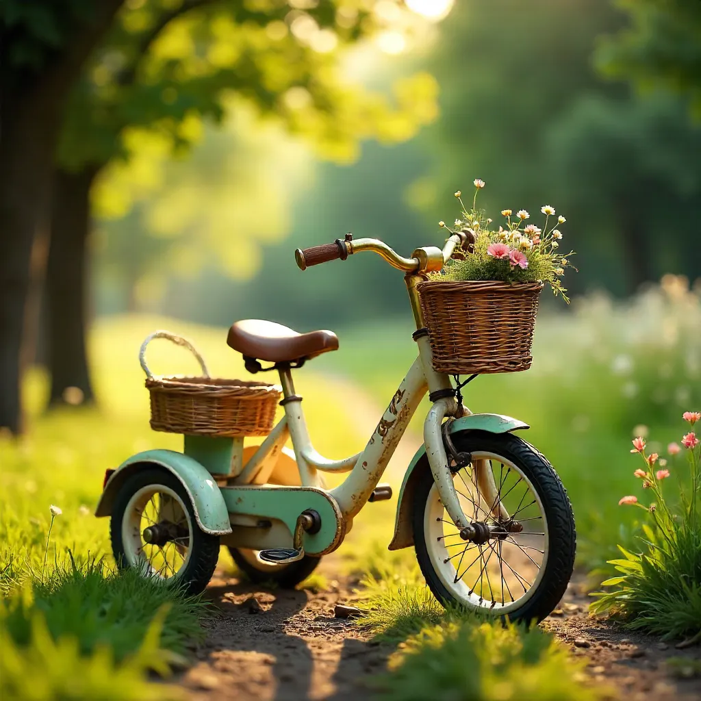 Sunny Vintage Tricycle Under Leafy Park Trees