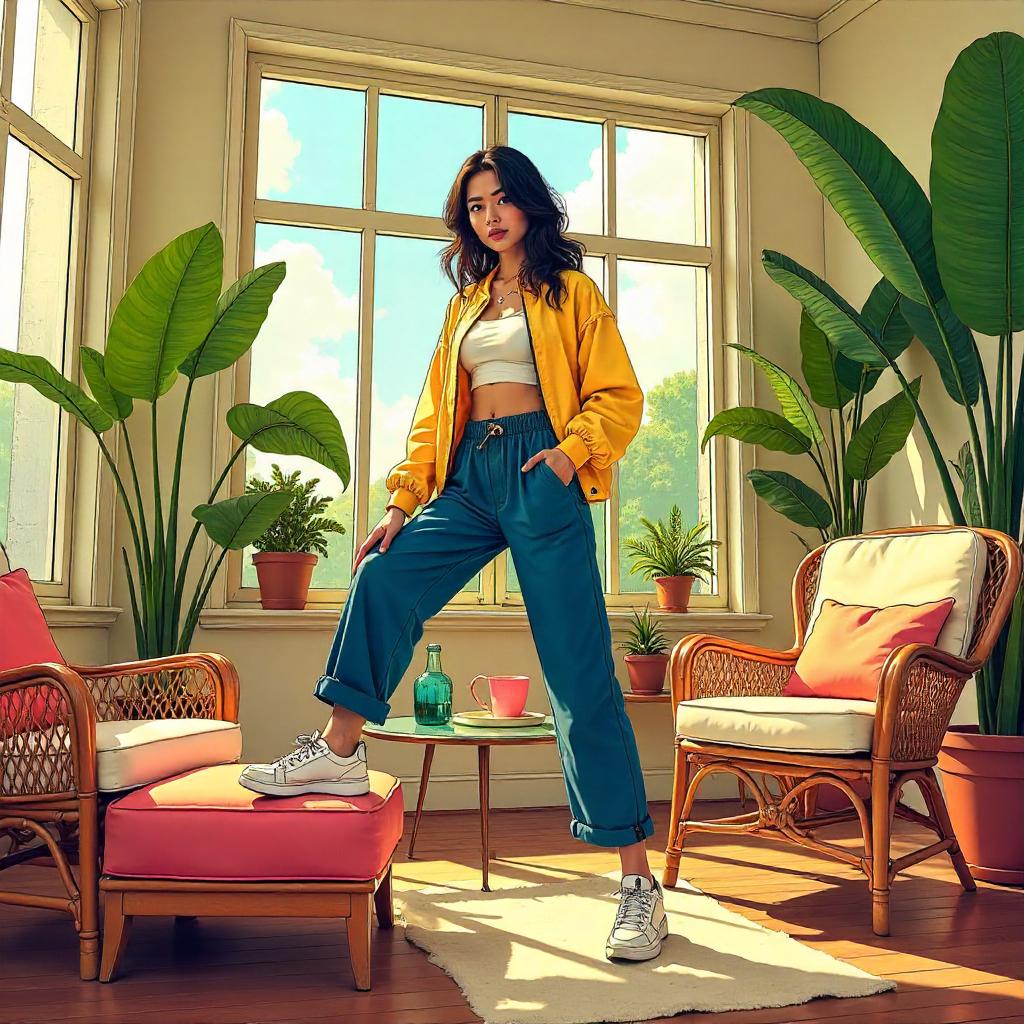 Sunlit Comic Chic: Asian Woman in a Sunroom