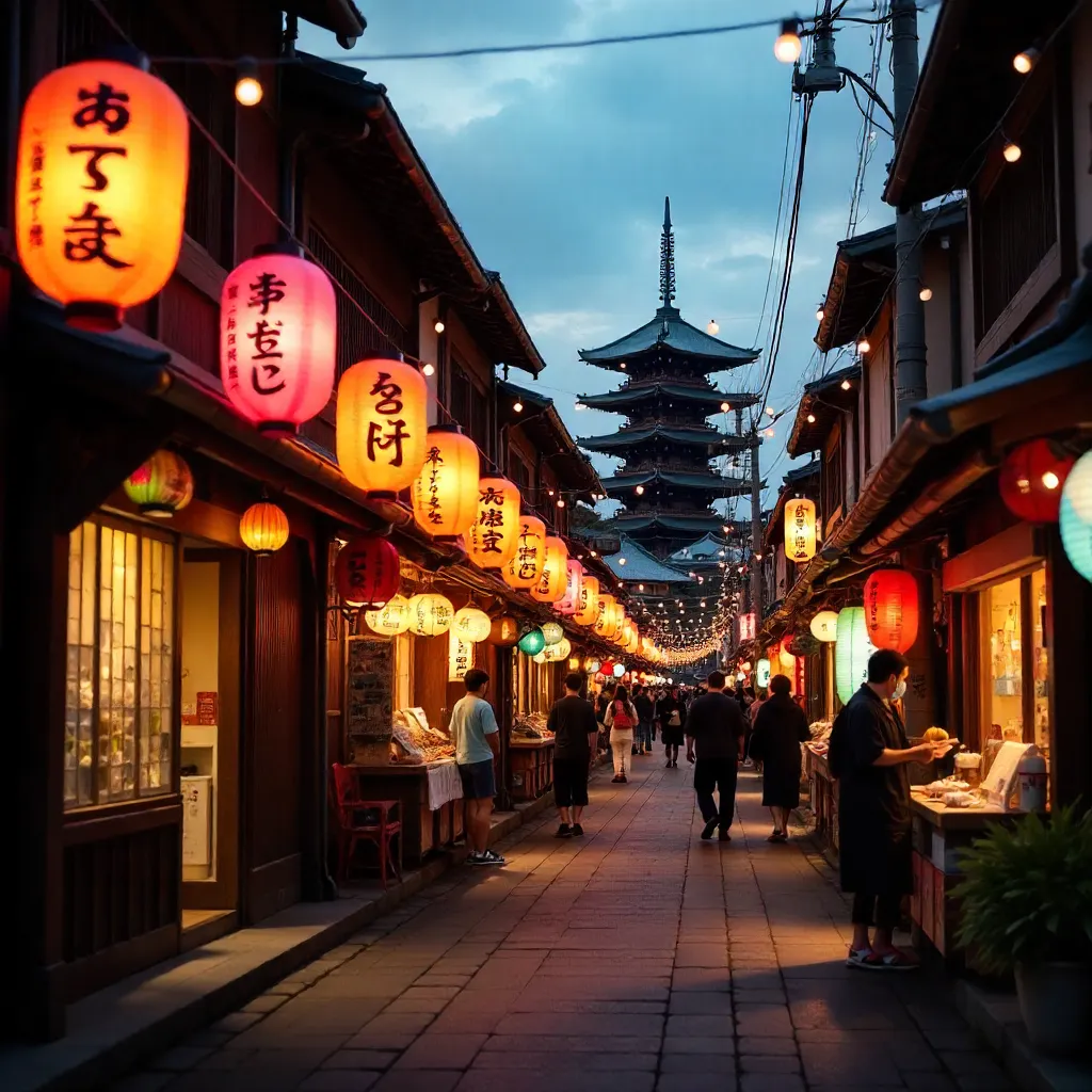 Festive Outdoor Street with Colorful Japanese Lanterns