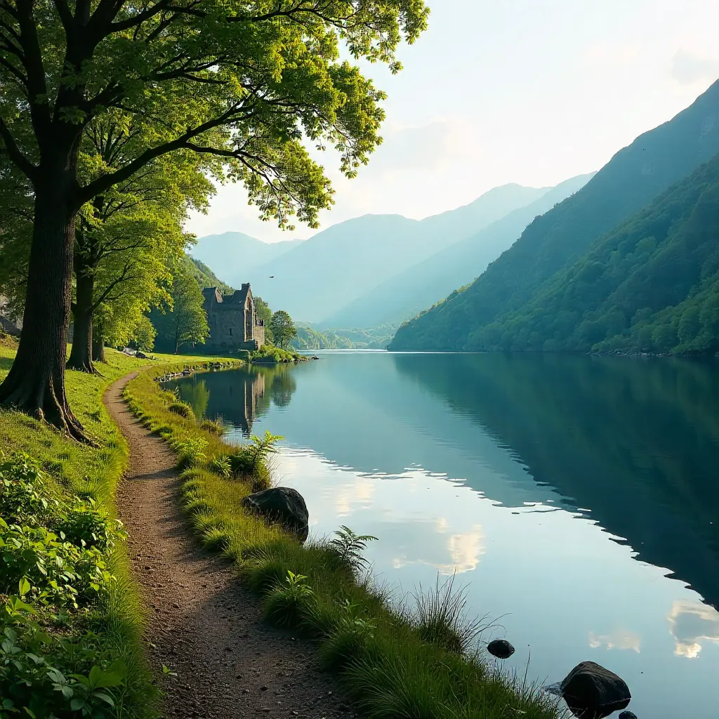 Tranquil Glendalough Lake: Lush Greenery and Clear Skies
