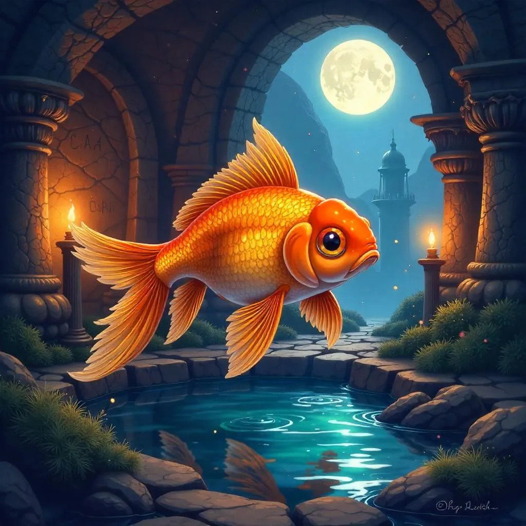 Anime Goldfish in a Moonlit Crypt
