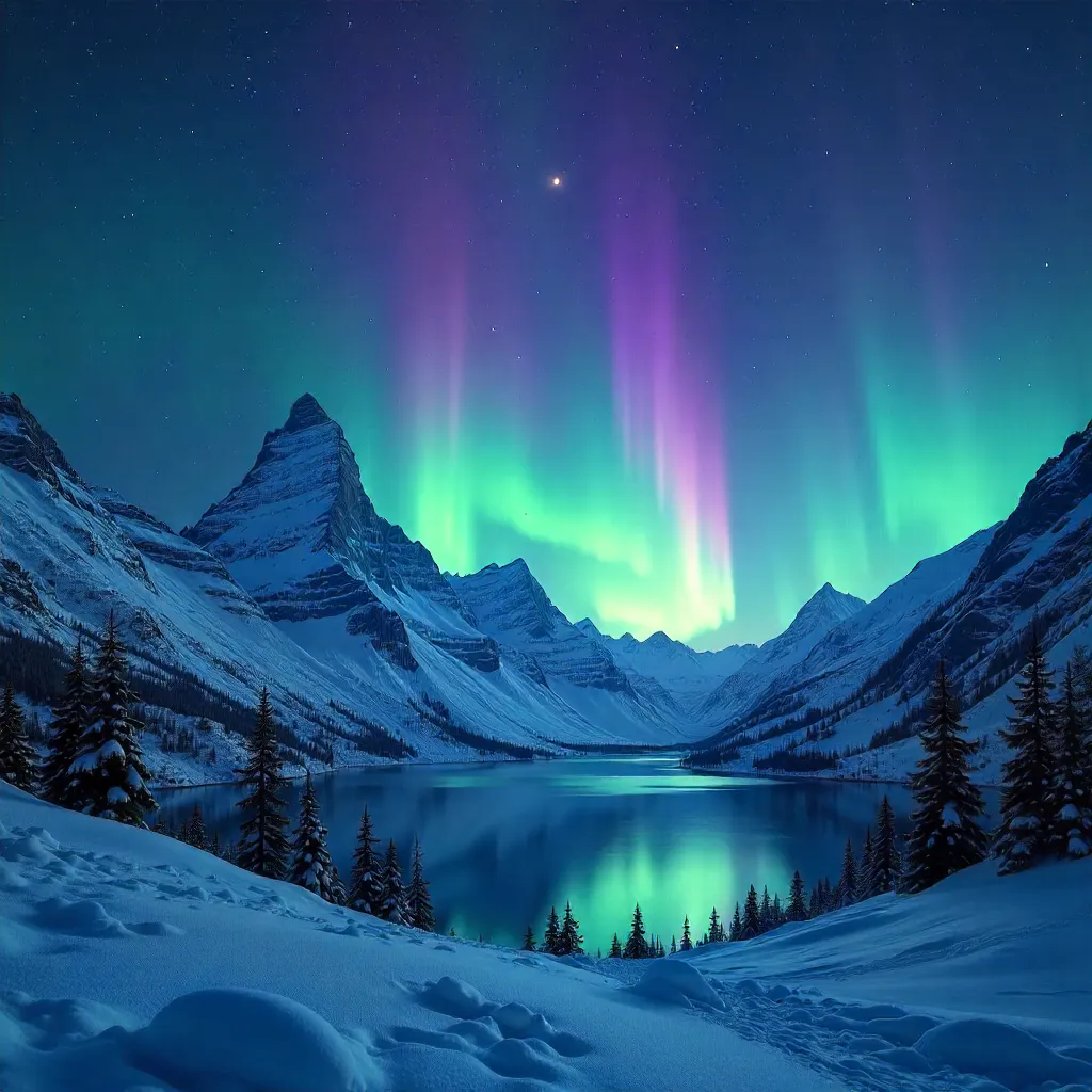 Aurora Over Snowy Peaks: A Starry Night