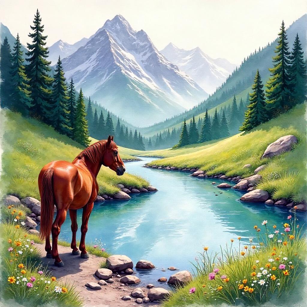 Watercolor Horse in a Mountain Valley