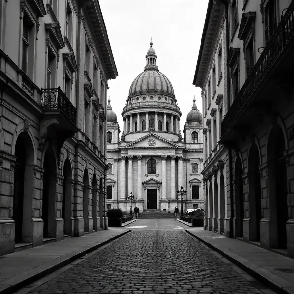Monochrome View of St. Stephen's Basilica Between Budapest Facades