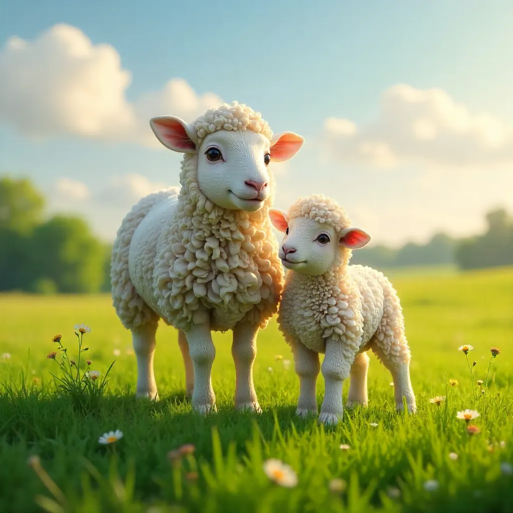 Nurturing Mother Sheep and Her Lamb in a Lush Meadow