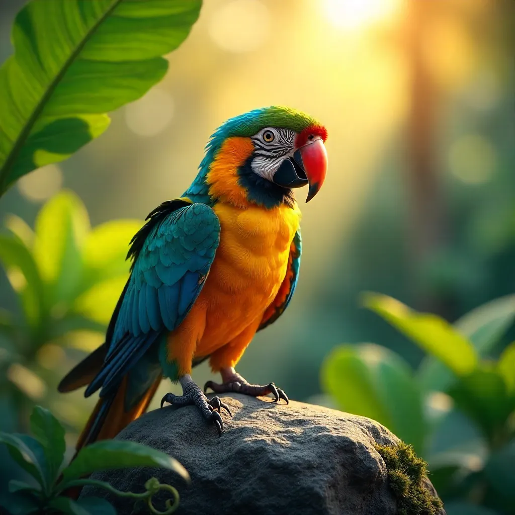 Sunlit Colorful Parrot on Stone Amid Green Foliage