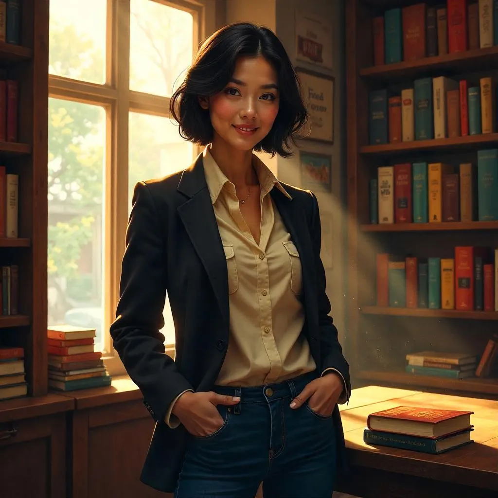 Confident Asian Woman in a Cozy Bookstore